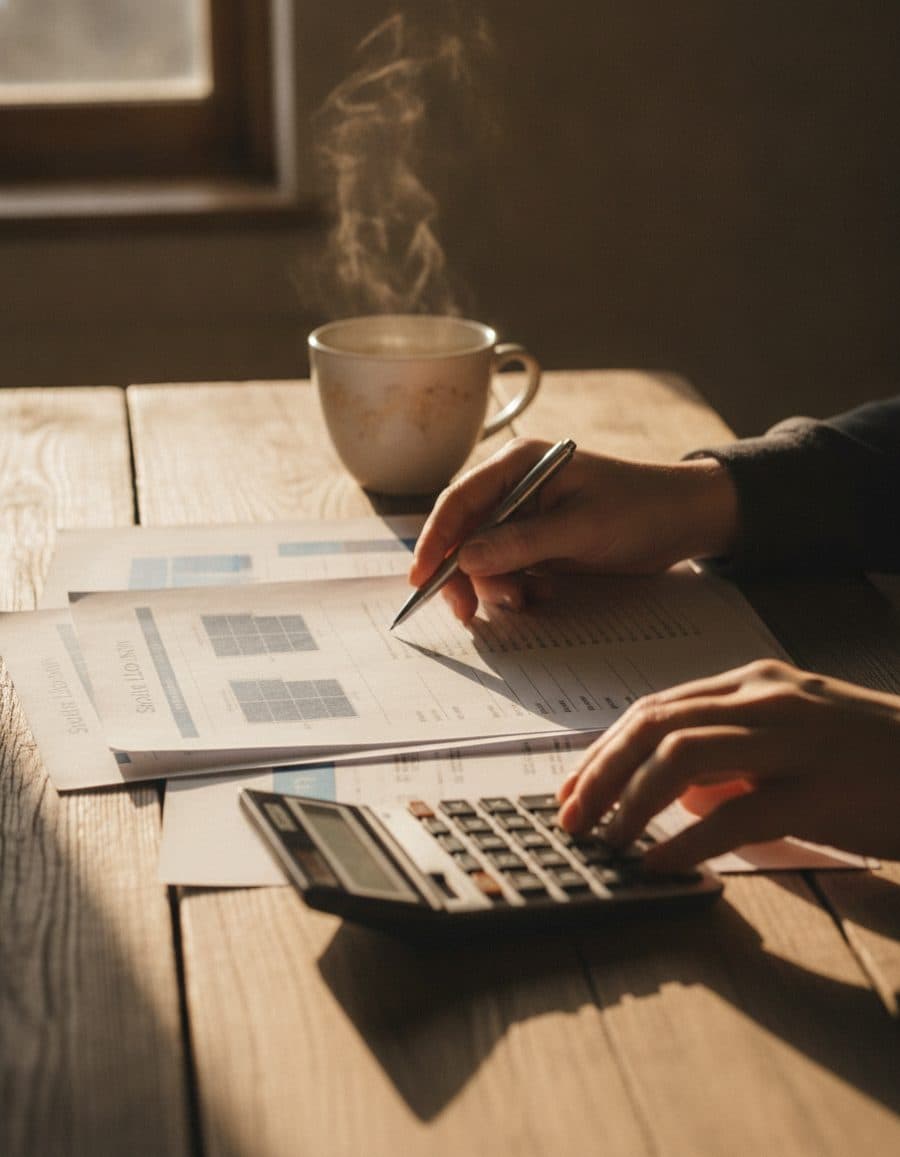 Hands reviewing a solar loan statement with a calculator and a cup of coffee on a table.
