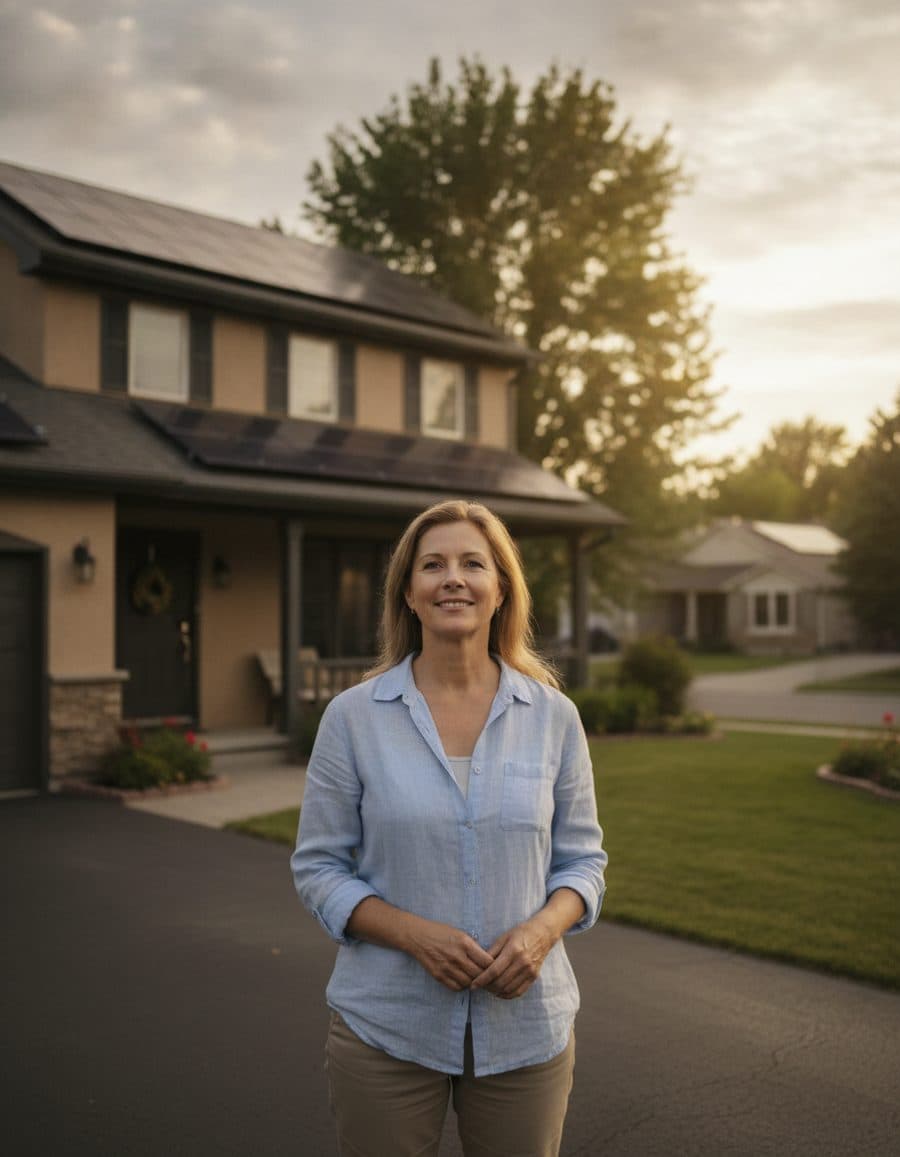A homeowner standing confidently in front of her solar-paneled home at sunset.
