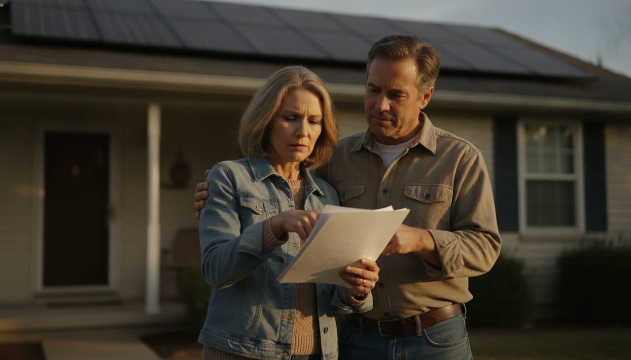 Homeowners standing outside their solar-paneled home, reviewing loan paperwork together in the evening light.