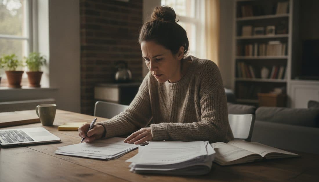 A homeowner at a kitchen table carefully reviewing a stack of solar loan documents.